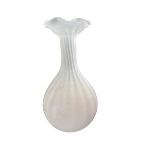 Vintage Frosted White Hand Blown Glass Vase Ruffled Rim Ribbed Neck
